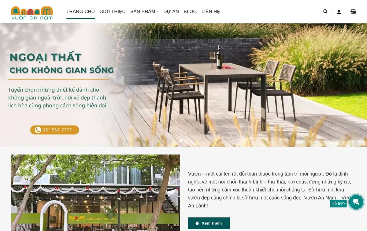 Ảnh chụp trang chủ vuonannam.com trên máy tính: biểu ngữ ngoại thất cho không gian sống