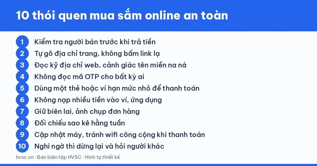 Danh sách 10 thói quen mua sắm online an toàn: kiểm tra người bán, tự gõ địa chỉ, giữ biên lai, đối chiếu sao kê Danh sách 10 thói quen mua sắm online an toàn: kiểm tra người bán, tự gõ địa chỉ, giữ biên lai, đối chiếu sao kê