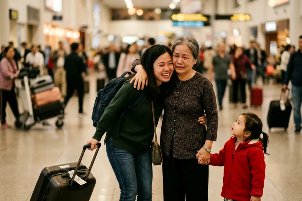 Bà ôm con gái vừa đáp chuyến bay ở sảnh đến, cháu nhỏ nắm tay bà
