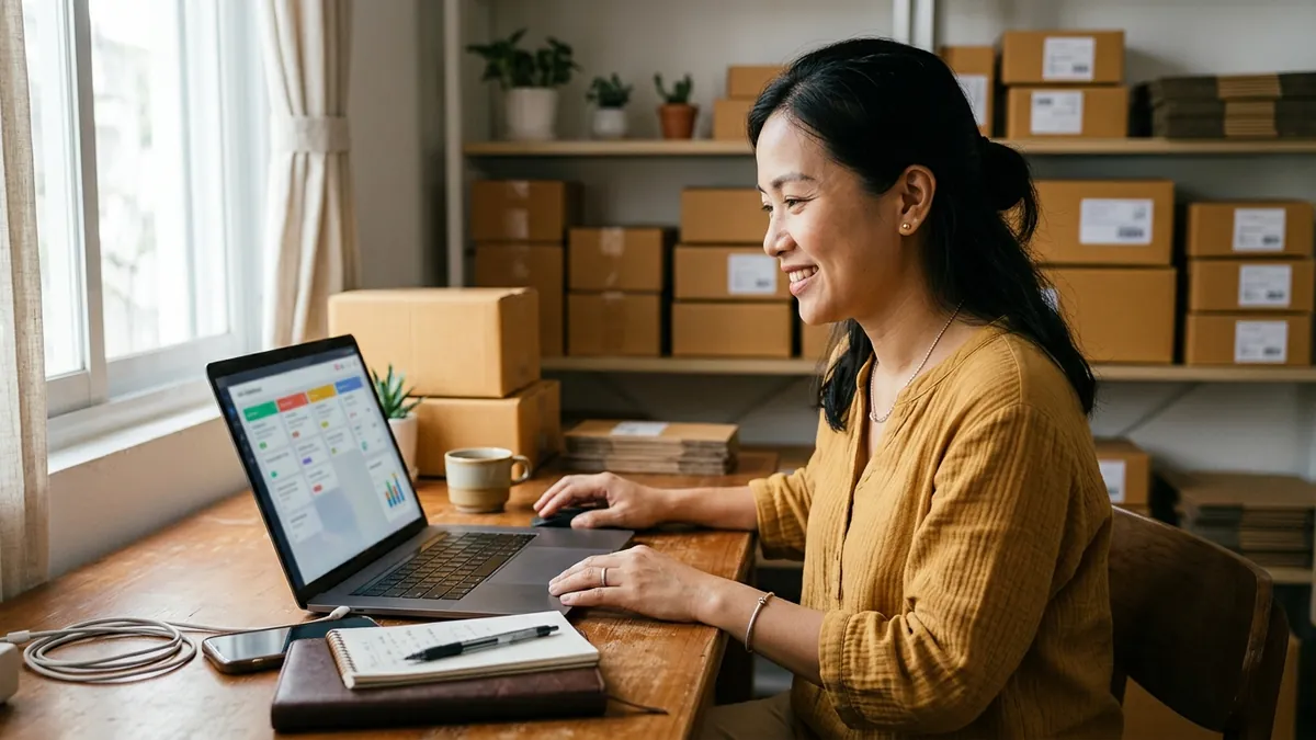 Chủ doanh nghiệp nhỏ theo dõi khách hàng trên phần mềm CRM web