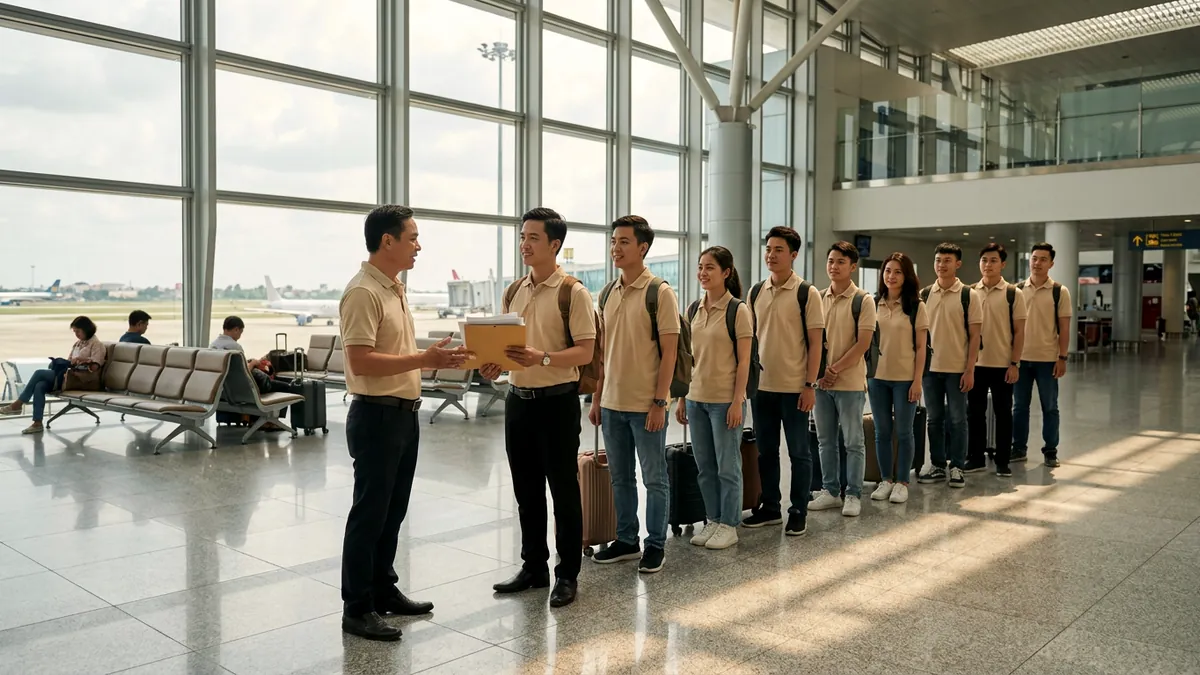Đoàn lao động làm thủ tục tại sân bay trước chuyến bay đi làm việc ở nước ngoài