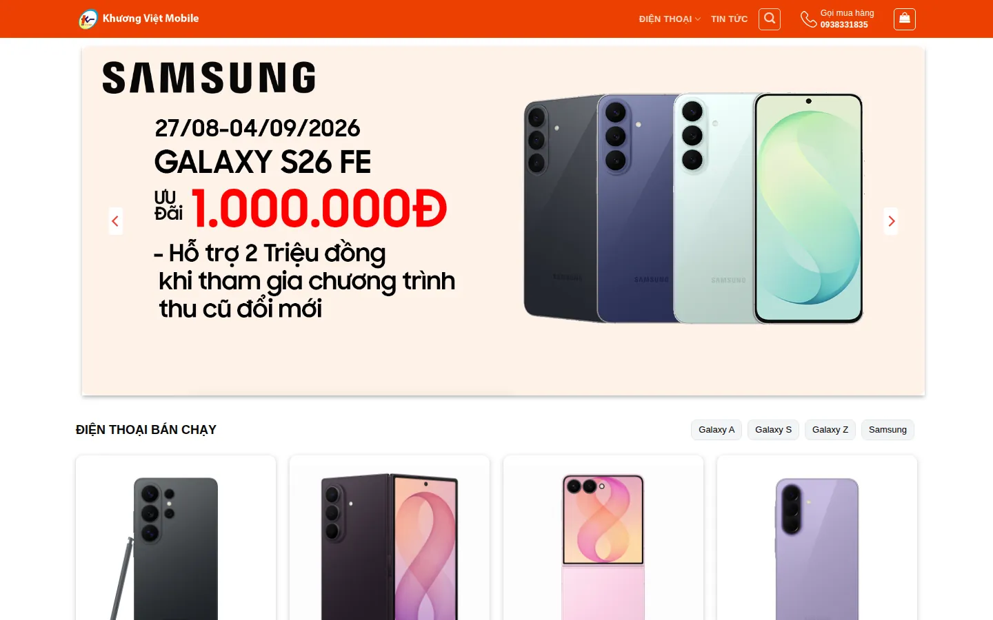 Ảnh chụp trang chủ khuongvietmobile.com trên máy tính