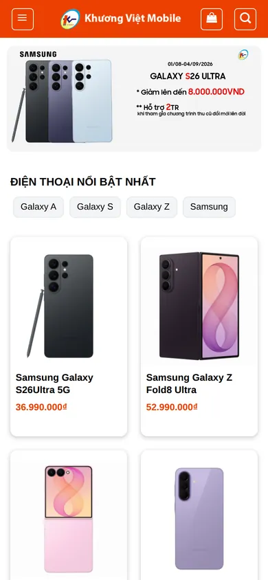 Ảnh chụp trang chủ khuongvietmobile.com trên điện thoại