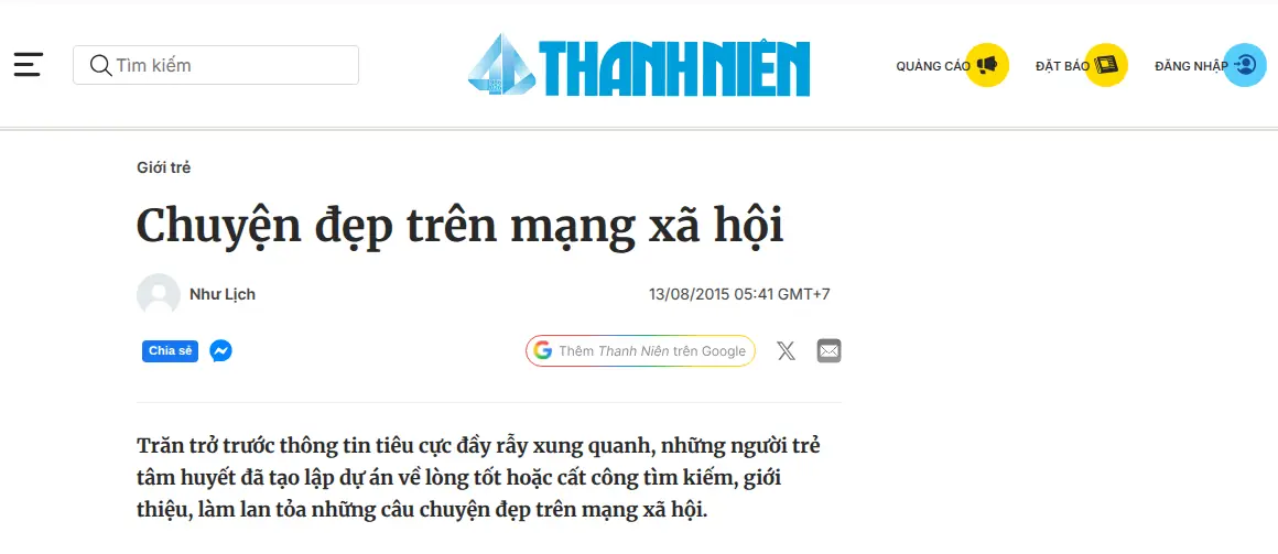 Ảnh chụp một phần bài «Chuyện đẹp trên mạng xã hội» trên Thanh Niên