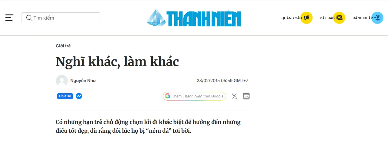 Ảnh chụp một phần bài «Nghĩ khác, làm khác» trên Thanh Niên