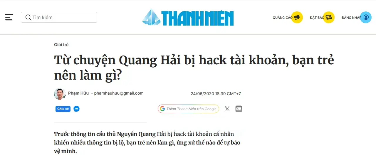 Ảnh chụp một phần bài «Từ chuyện Quang Hải bị hack tài khoản, bạn trẻ nên làm gì?» trên Thanh Niên