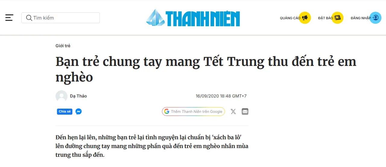 Ảnh chụp một phần bài «Bạn trẻ chung tay mang Tết Trung thu đến trẻ em nghèo» trên Thanh Niên