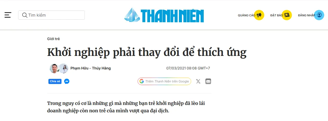 Ảnh chụp một phần bài «Khởi nghiệp phải thay đổi để thích ứng» trên Thanh Niên