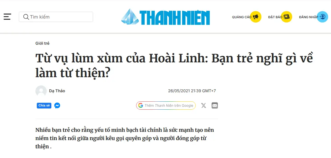 Ảnh chụp một phần bài «Từ vụ lùm xùm của Hoài Linh: Bạn trẻ nghĩ gì về làm từ thiện?» trên Thanh Niên