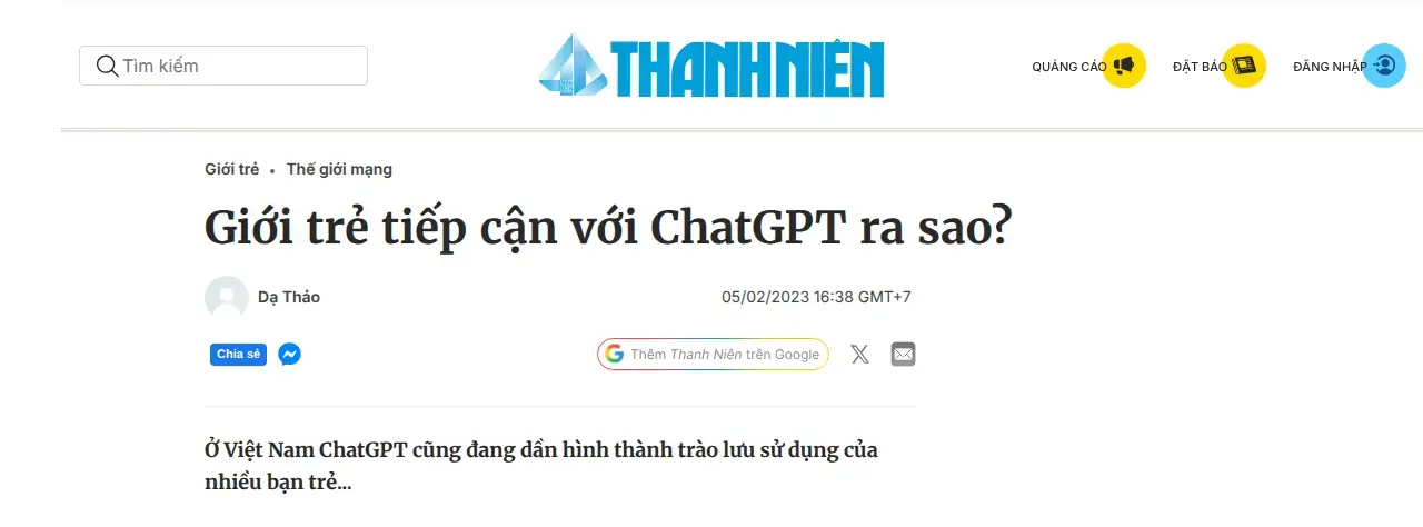 Ảnh chụp một phần bài «Giới trẻ tiếp cận với ChatGPT ra sao?» trên Thanh Niên