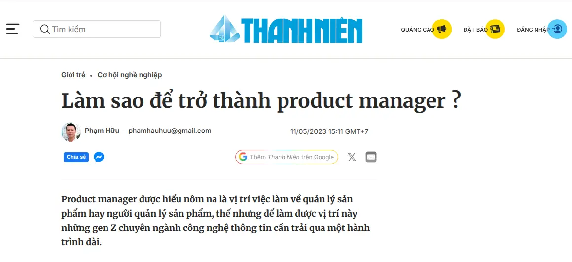 Ảnh chụp một phần bài «Làm sao để trở thành product manager?» trên Thanh Niên