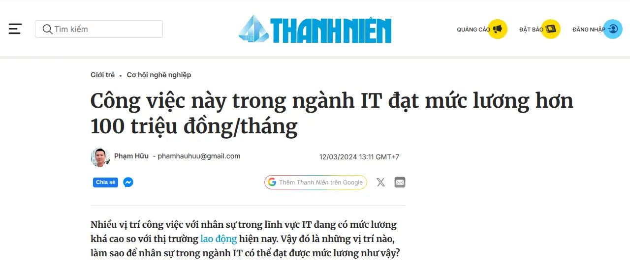 Ảnh chụp một phần bài «Công việc này trong ngành IT đạt mức lương hơn 100 triệu đồng/tháng» trên Thanh Niên
