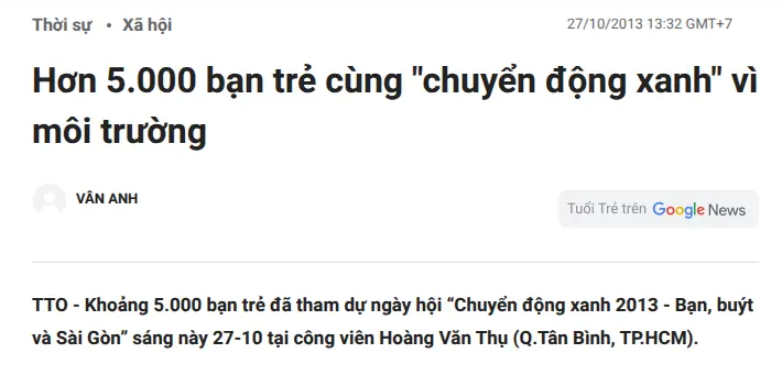 Ảnh chụp một phần bài «Hơn 5.000 bạn trẻ cùng “chuyển động xanh” vì môi trường» trên Tuổi Trẻ