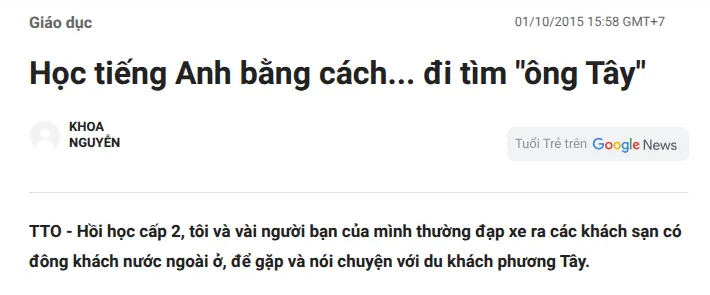 Ảnh chụp một phần bài «Học tiếng Anh bằng cách… đi tìm “ông Tây”» trên Tuổi Trẻ