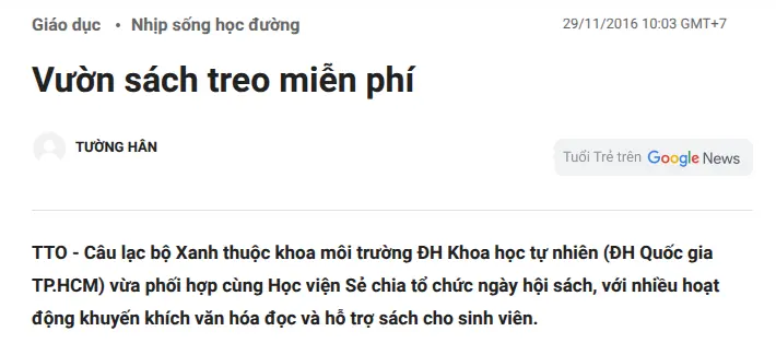 Ảnh chụp một phần bài «Vườn sách treo miễn phí» trên Tuổi Trẻ