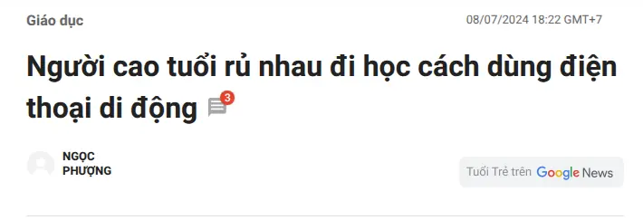 Ảnh chụp một phần bài «Người cao tuổi rủ nhau đi học cách dùng điện thoại di động» trên Tuổi Trẻ